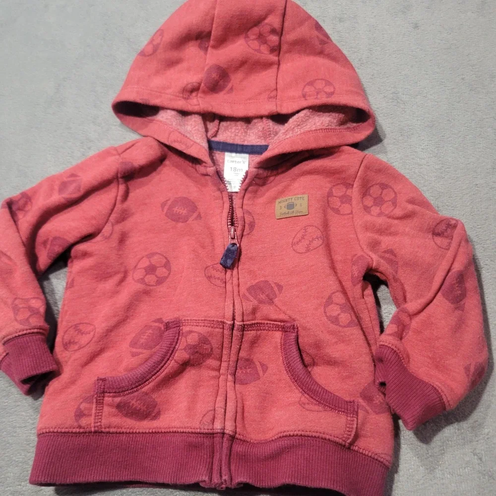 Carter's Hoodie Kids 18M Red Sports Print Full Zip Mighty Cute Fleece Sweatshirt